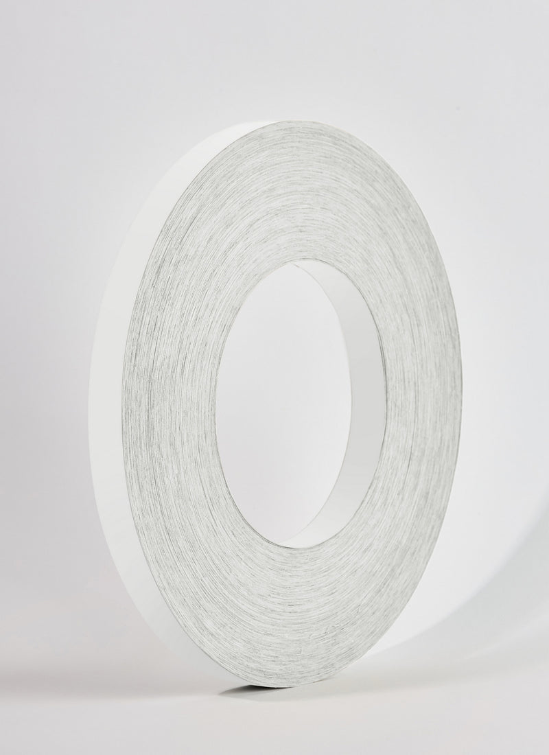 Plyco's 100m x 21mm x 1mm Unglued ABS Vanply Edging in Eggshell on a white background
